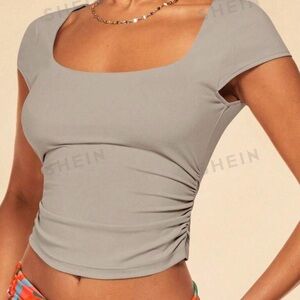 SHEIN BAE Scoop Neck Ruched Side Crop Tee